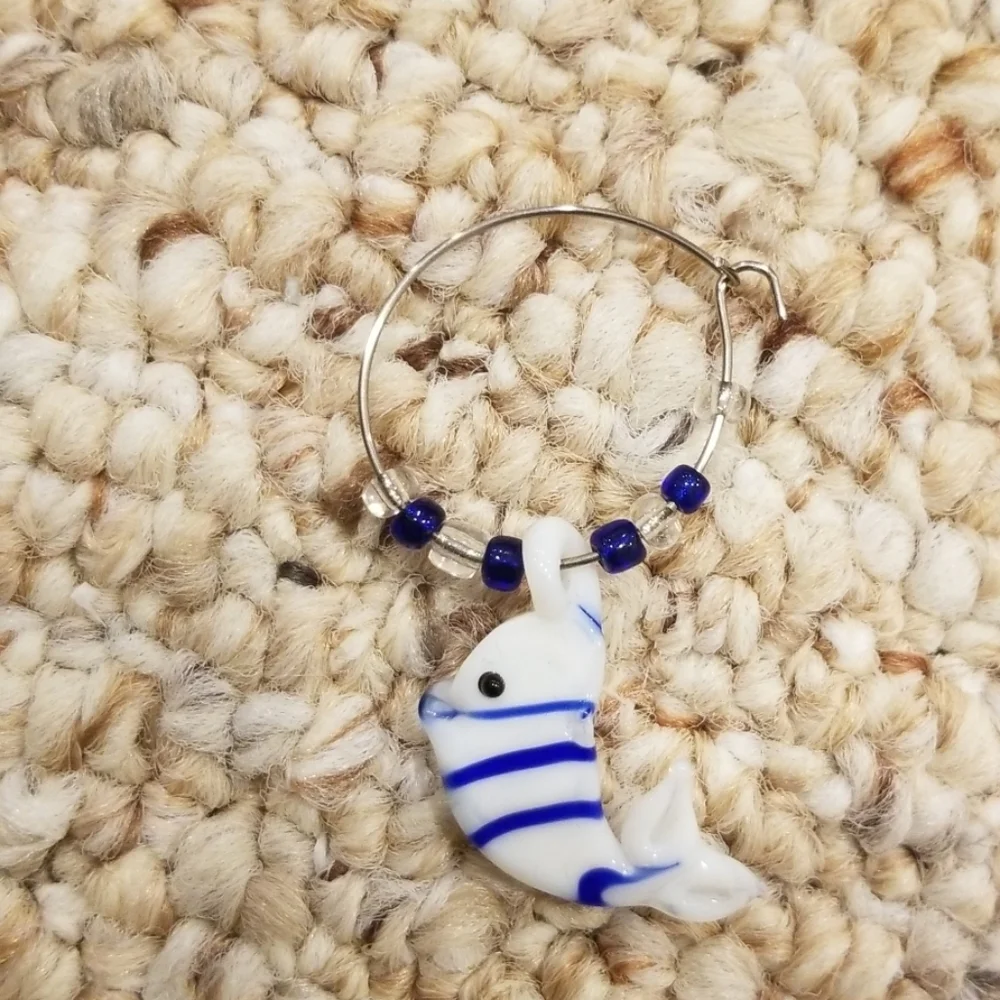HANDMADE Blue with White Wine Glass Charm Rings